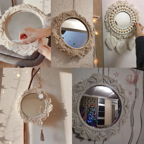 miroir décoratif boho en macramé pour décoration murale artisanale - vue 6 sur 13
