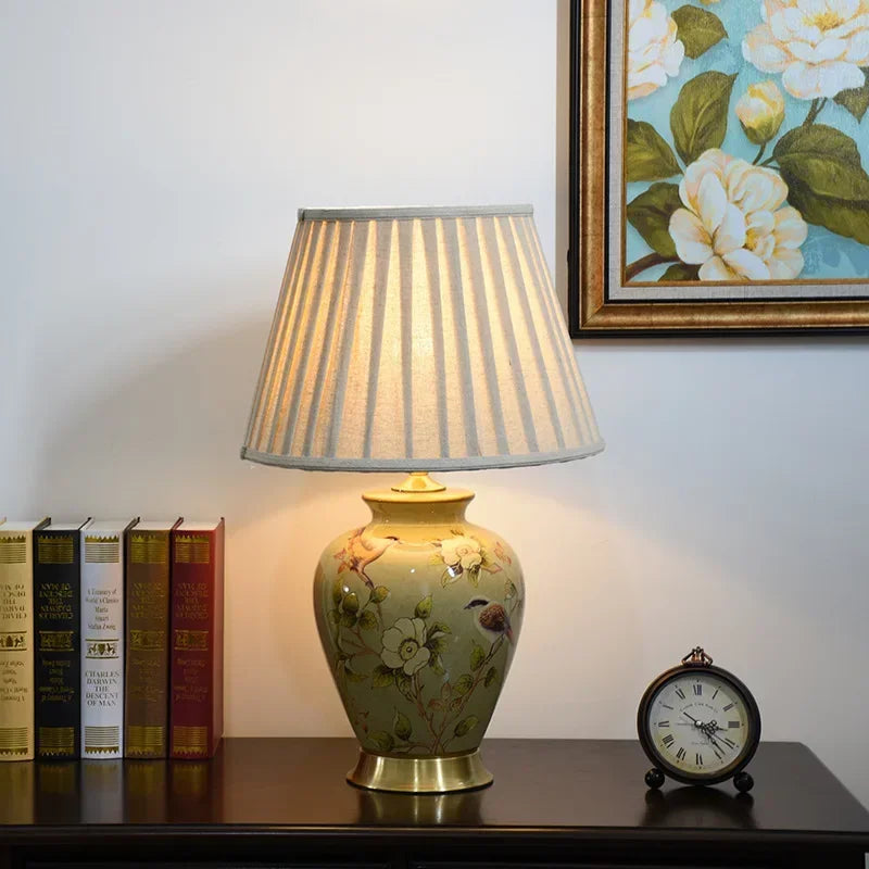 lampe de bureau nordique en céramique motif fleur et oiseau - vue 3 sur 9