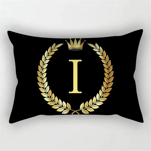 housse de coussin décorative motif lettres noires et dorées