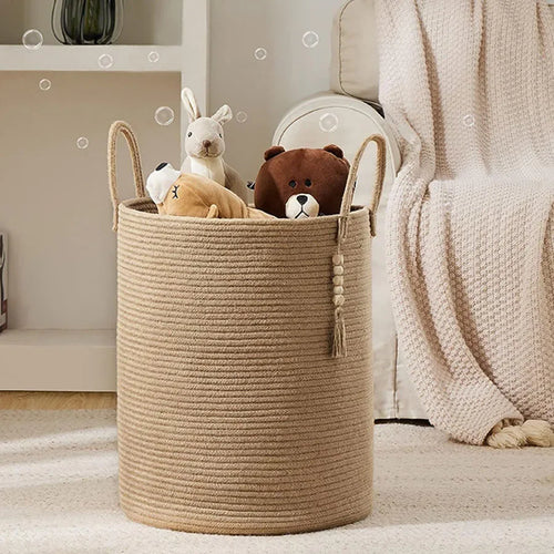 grand panier de rangement tissé avec poignées en coton pliable - vue 5 sur 9