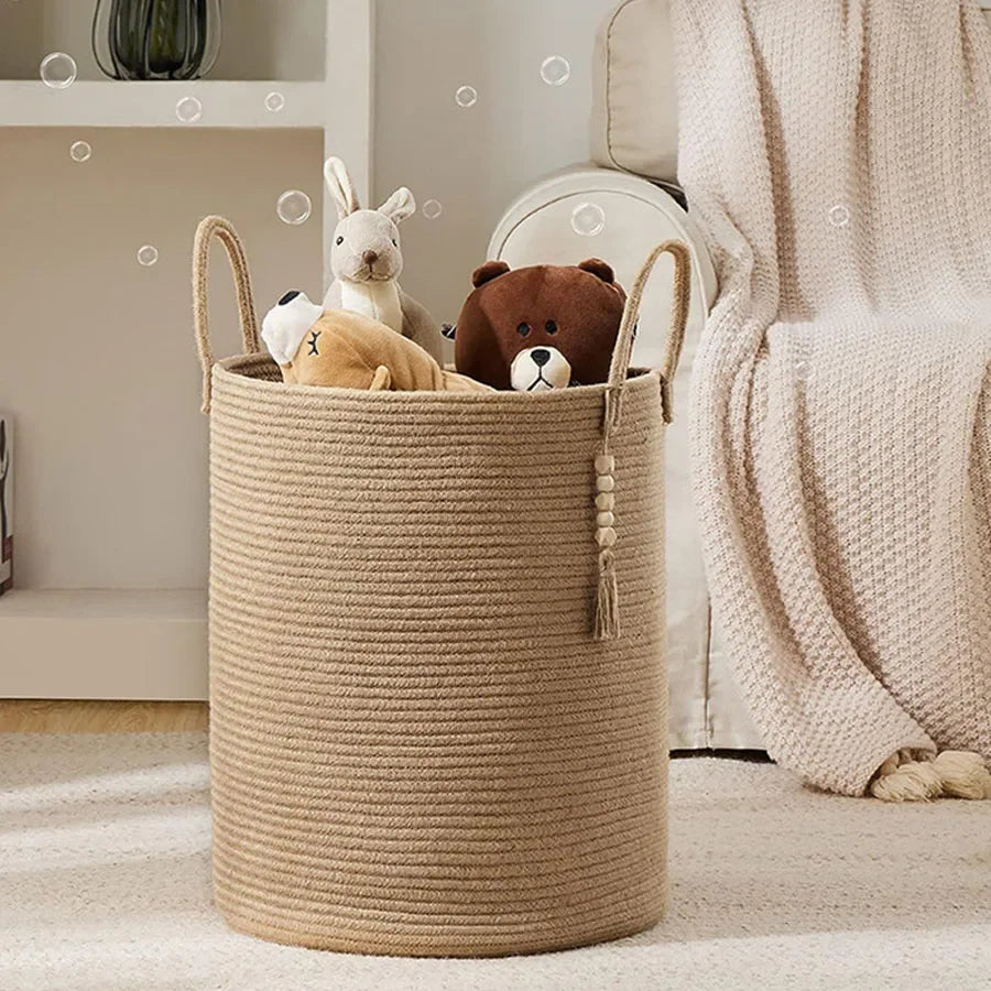 grand panier de rangement tissé avec poignées en coton pliable - vue 4 sur 9