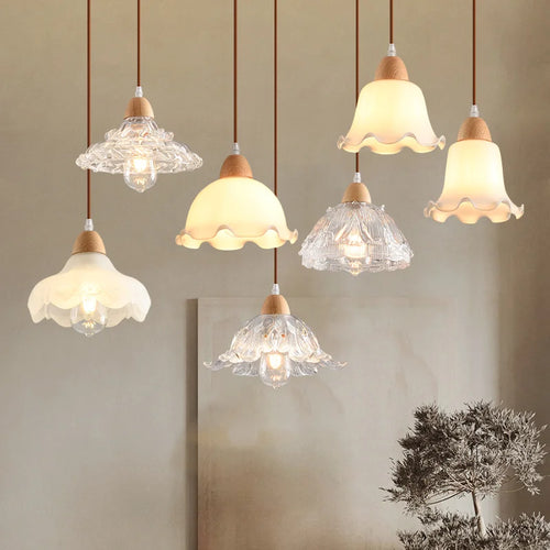 lustre nordique led suspendu moderne en bois et verre - vue 2 sur 13