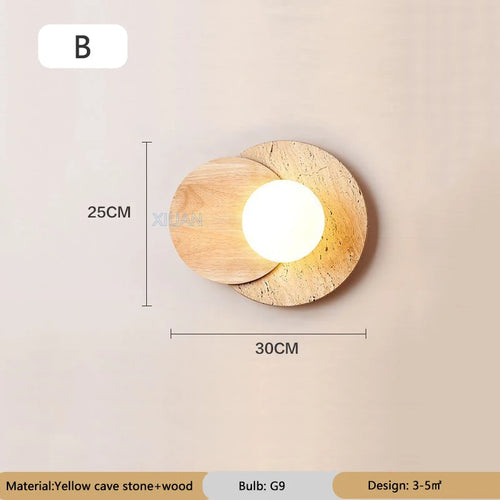 Japanese style Wabi-sabi Round Wall Lamps for Living Room Bedside Aisle Stair Entrance Decor Yellow Cave Stone Solid Wood Light - vue 9 sur 8
