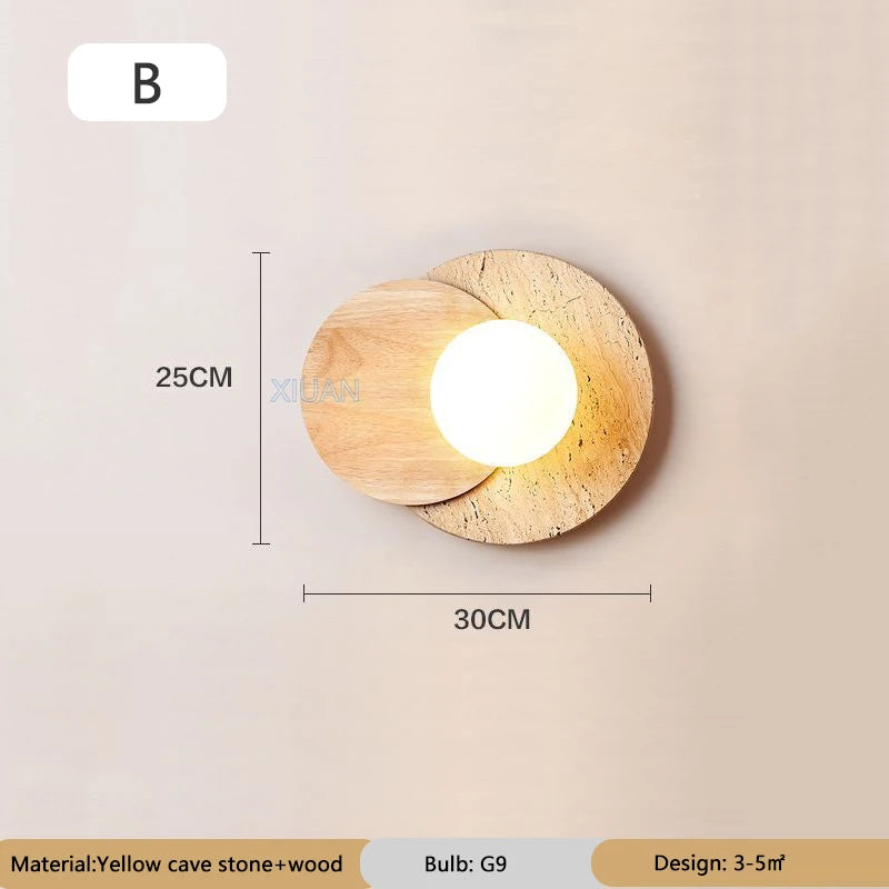 Japanese style Wabi-sabi Round Wall Lamps for Living Room Bedside Aisle Stair Entrance Decor Yellow Cave Stone Solid Wood Light - vue 8 sur 8