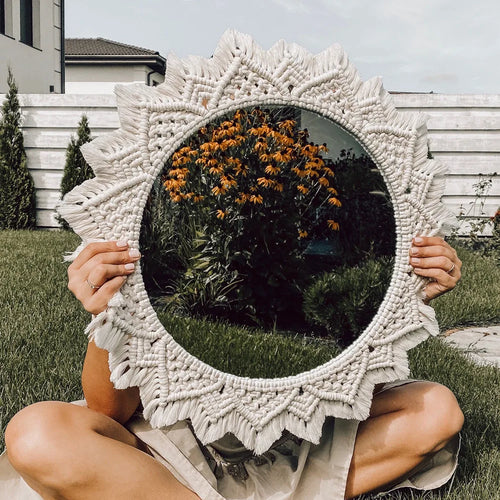 miroir rond en macramé style bohème pour décoration murale - vue 3 sur 19
