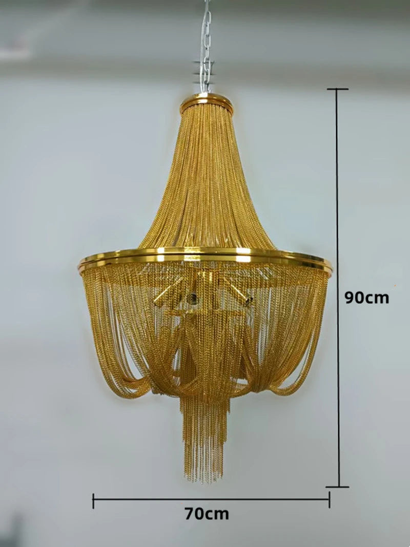 lustre moderne à pampilles en aluminium doré avec chaîne décorative - vue 10 sur 12