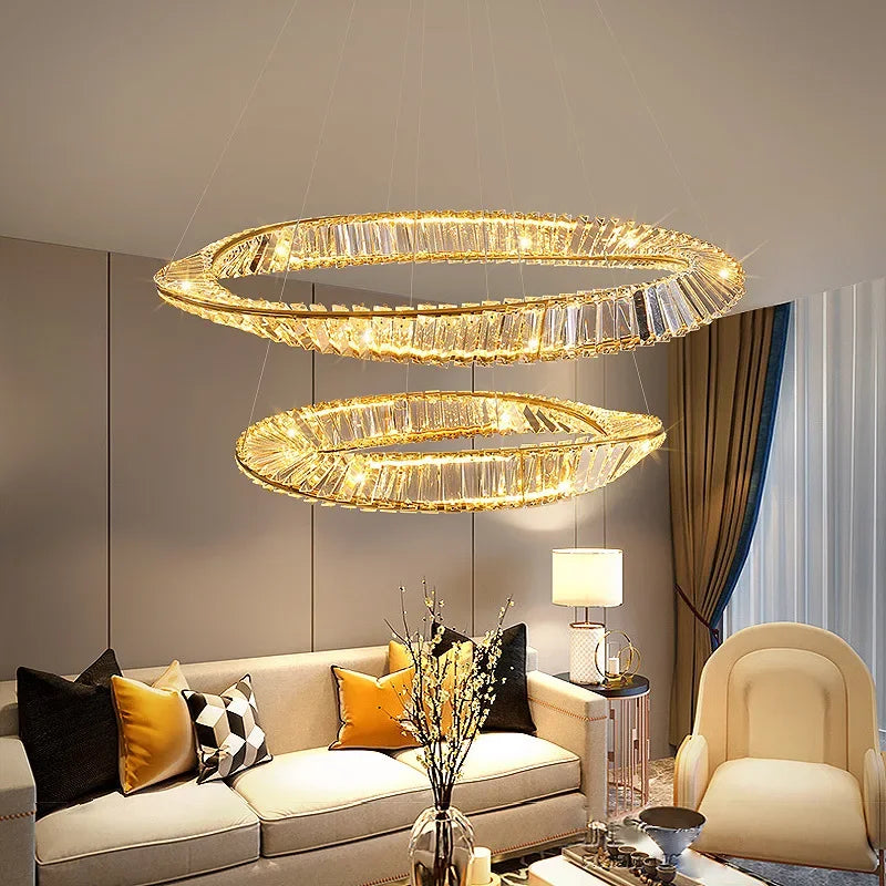 lustre moderne en cristal led avec anneau en acier décoratif - vue 3 sur 13