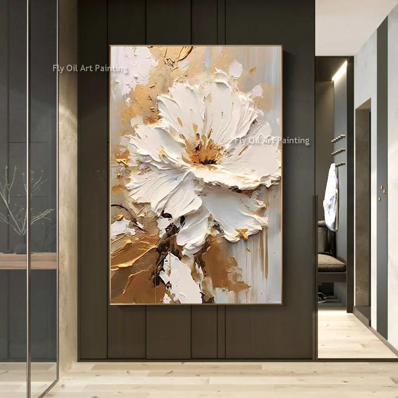 Tableau peinture à l'huile épaisse fleurs blanches abstraites décoration murale luxe - vue 3 sur 11