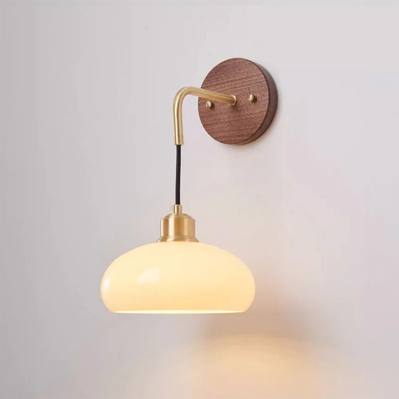 Walnut Wood Glass Brass, Wabi-sabi minimalist Modern style, Wall Sconce light for Bedroom, Bedside, Living, Dining Room - vue 5 sur 7