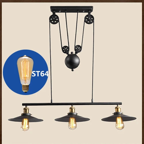 suspension industrielle vintage à 3 têtes avec poulie en fer