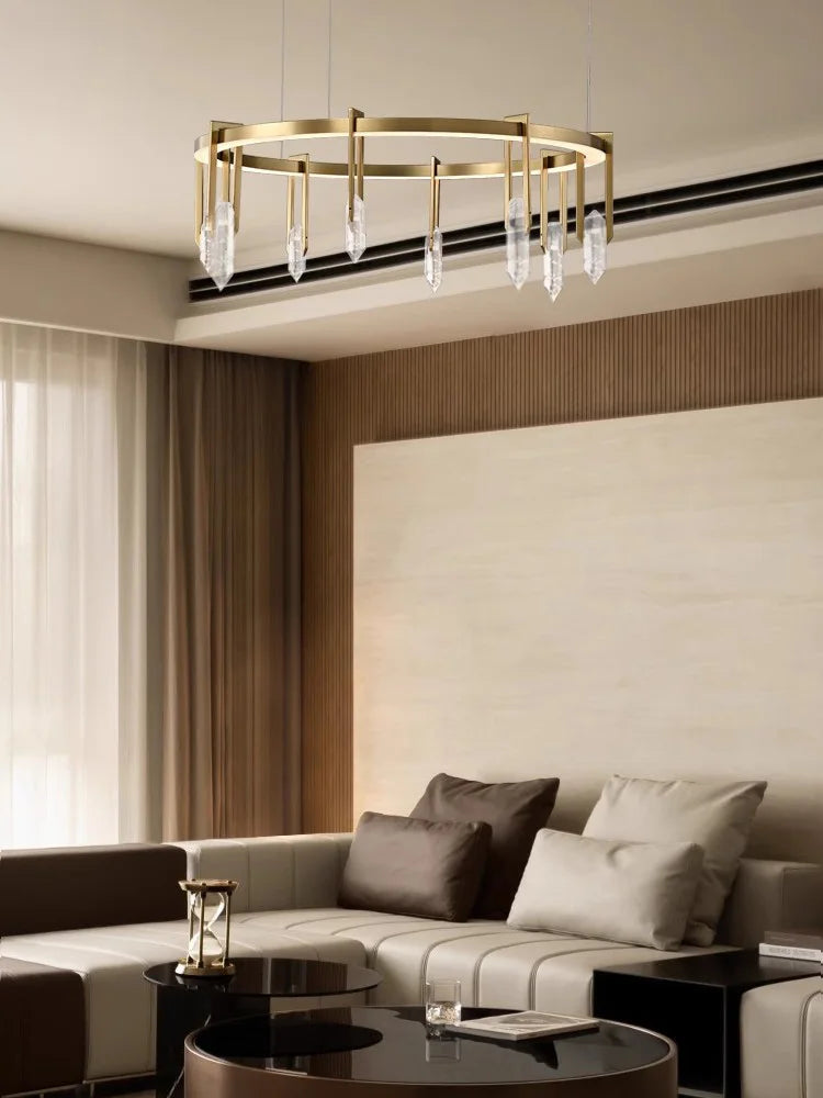 Lustre style design italien cuivre postmoderne LED ronde cristal luxe - vue 2 sur 15