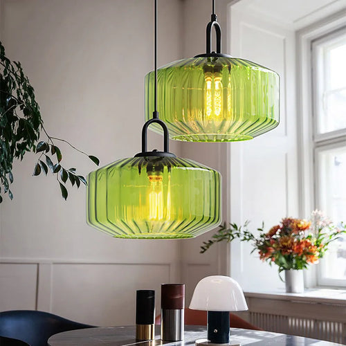 lustre rétro suspendu en verre avec lumière led décorative - vue 2 sur 9