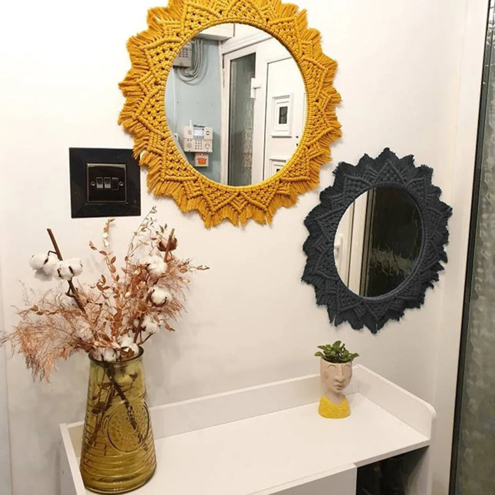 miroir rond en macramé style bohème pour décoration murale - vue 3 sur 19