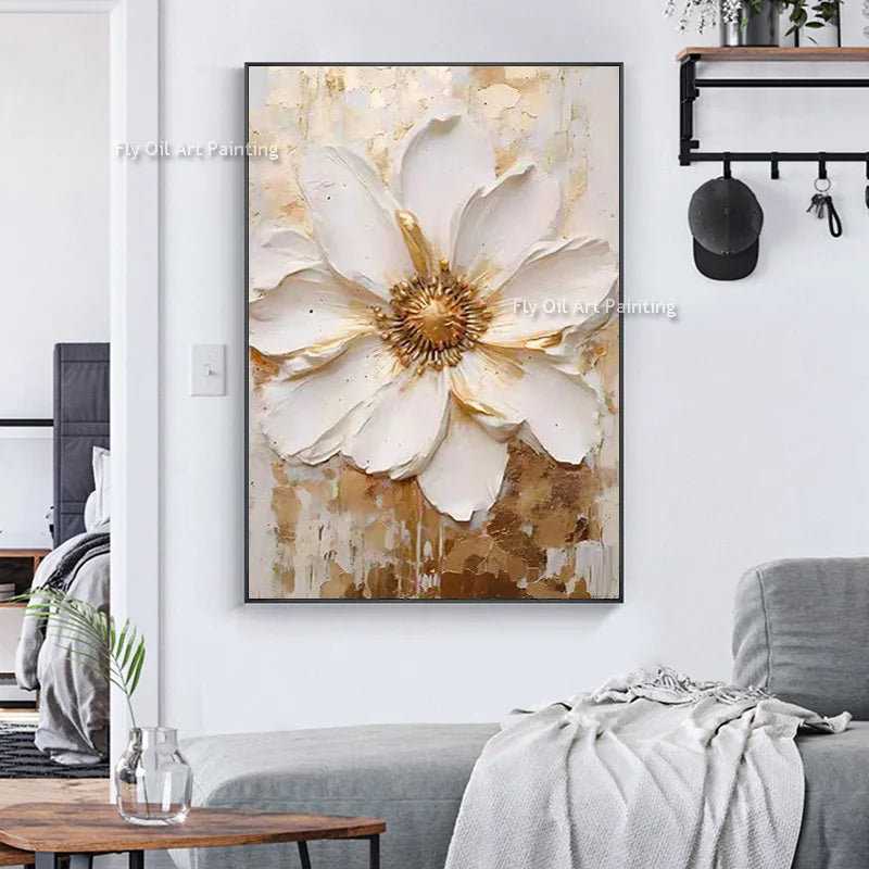 Tableau peinture à l'huile épaisse fleurs blanches abstraites décoration murale luxe - vue 2 sur 11