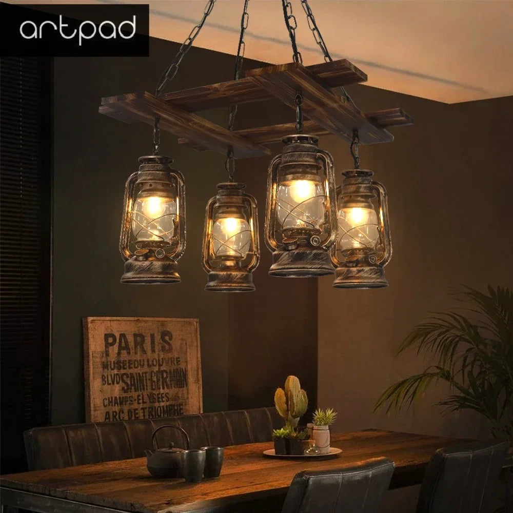 lustre rétro en bois et verre pour décoration élégante