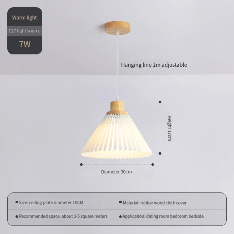 lustre nordique moderne en tissu plissé avec base en bois - vue 12 sur 14