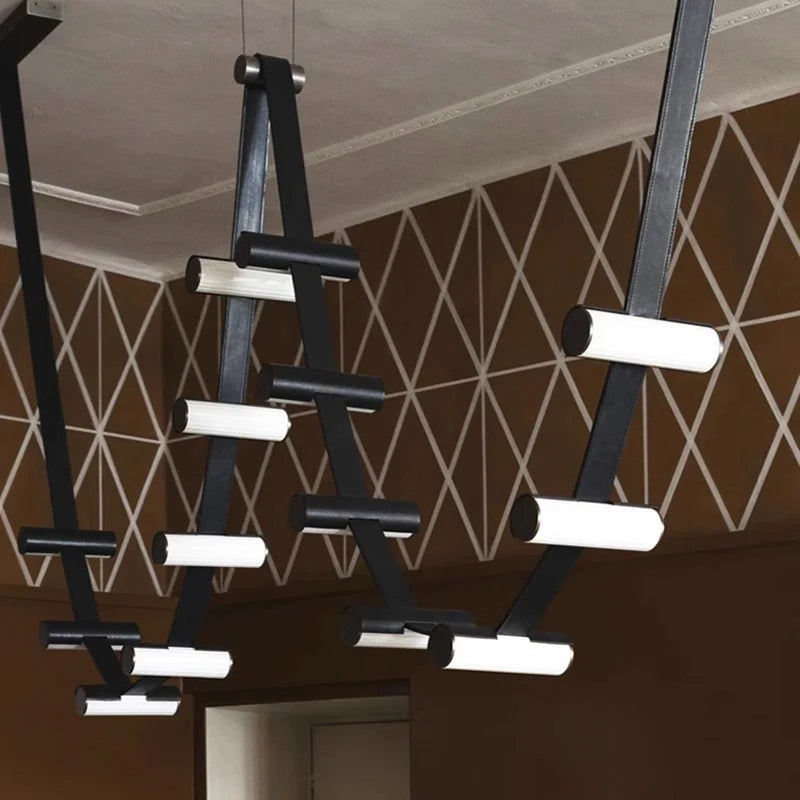 lustre art déco led avec barre lumineuse en cuir artificiel - vue 4 sur 5