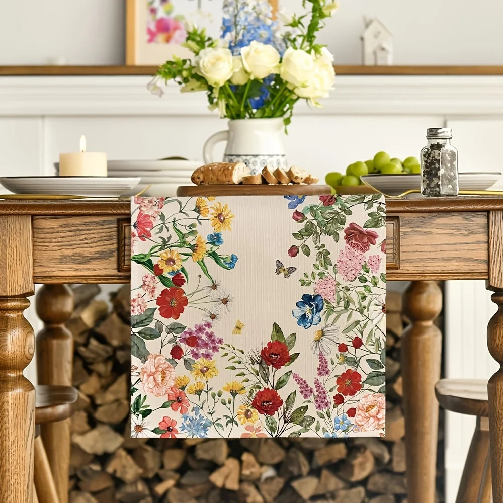 Chemin de table en lin motif fleurs papillons - vue 5 sur 6