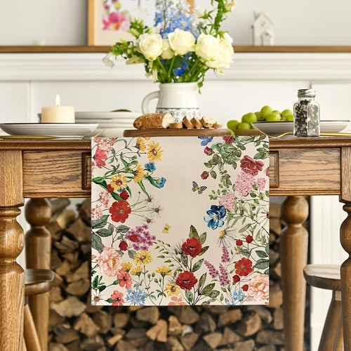 Chemin de table en lin motif fleurs papillons - vue 6 sur 6