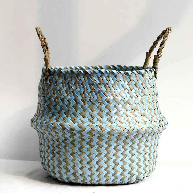 panier de rangement en osier pliable fait main patchwork seagrass - vue 5 sur 9