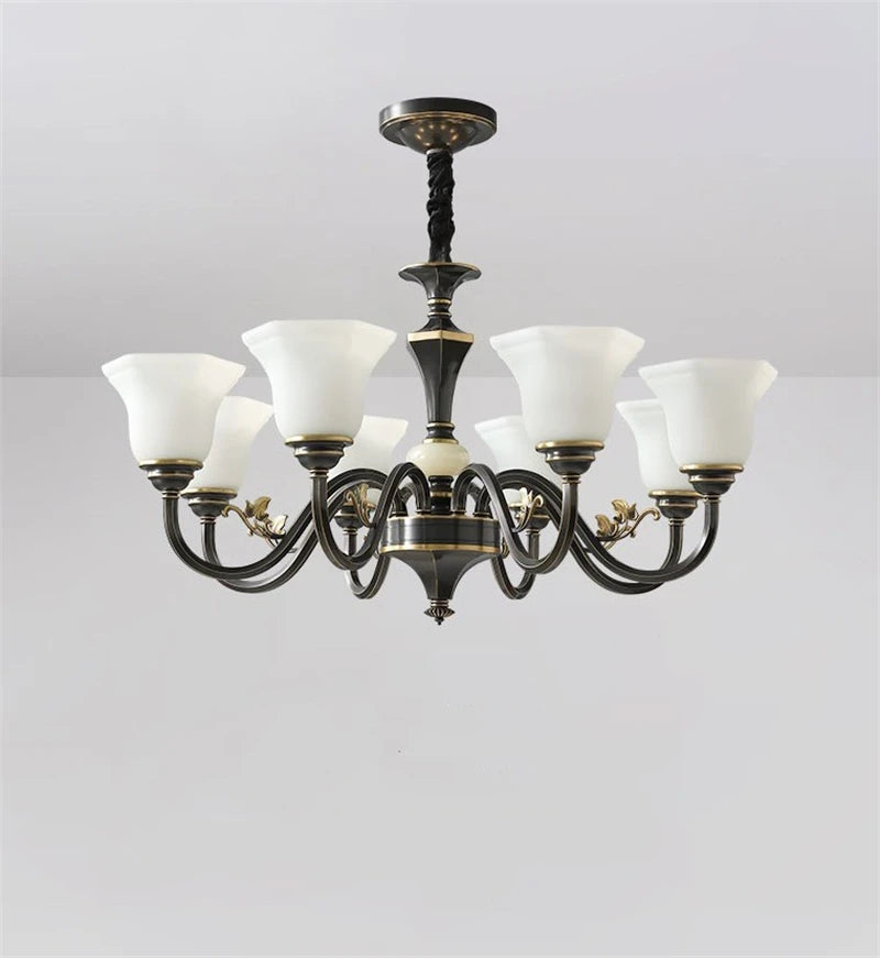 lustre vintage en cuivre avec abat-jour en verre dépoli - vue 5 sur 20