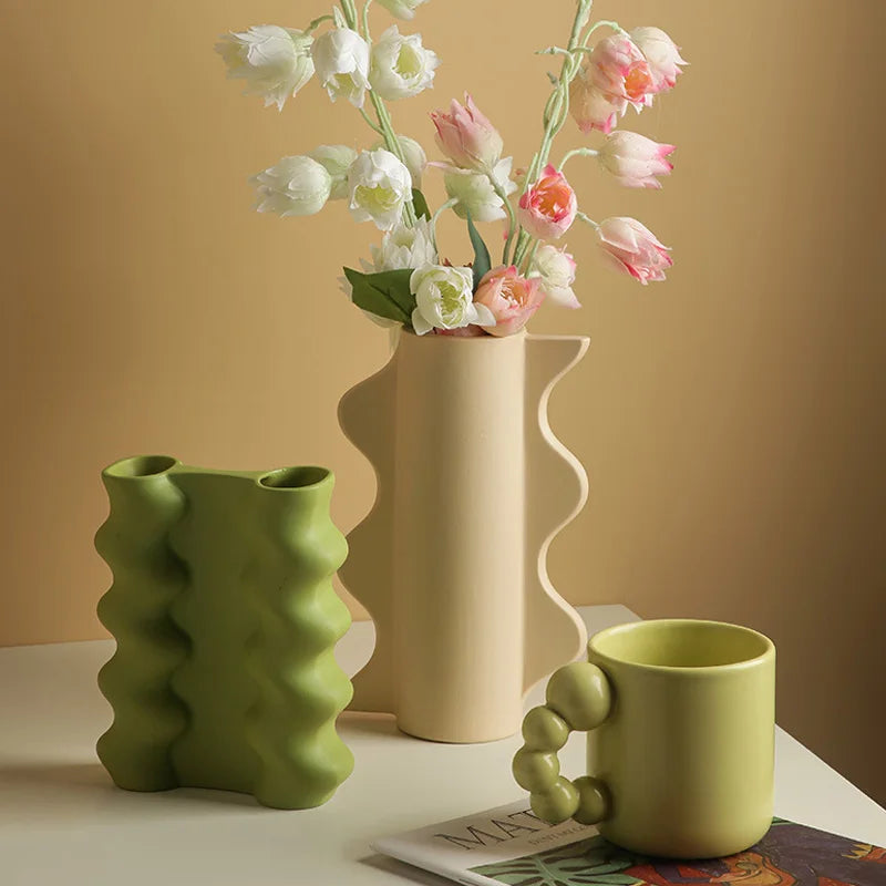 vase en céramique géométrique nordique pour fleurs séchées décoration maison - vue 1 sur 11