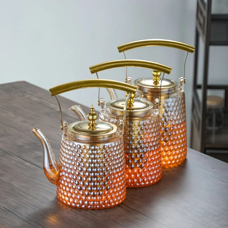 Théière japonaise verre borosilicate rétro poignée cuivre - vue 4 sur 7