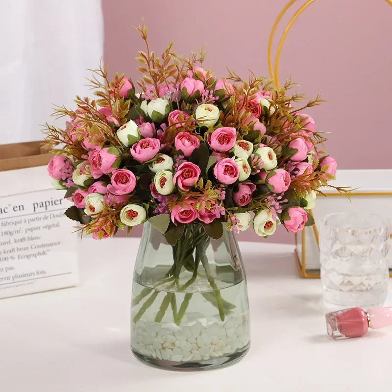 fleurs artificielles en soie bouquet de camélia décoratif - vue 5 sur 11