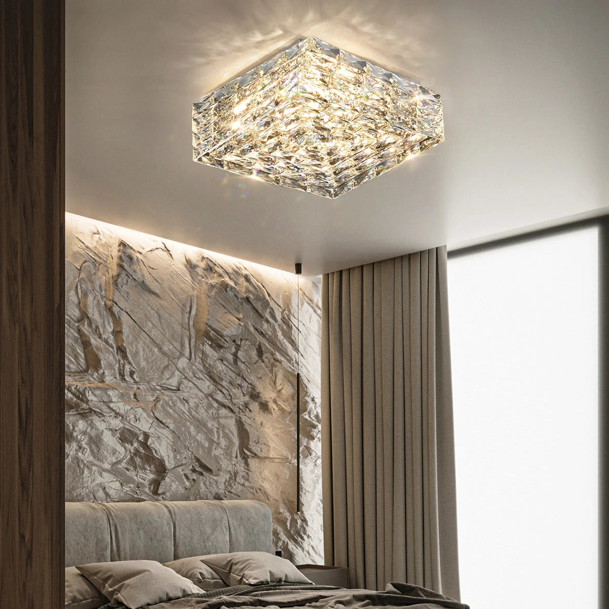 plafonnier en acier inoxydable et cristal design moderne créatif carré - vue 2 sur 9