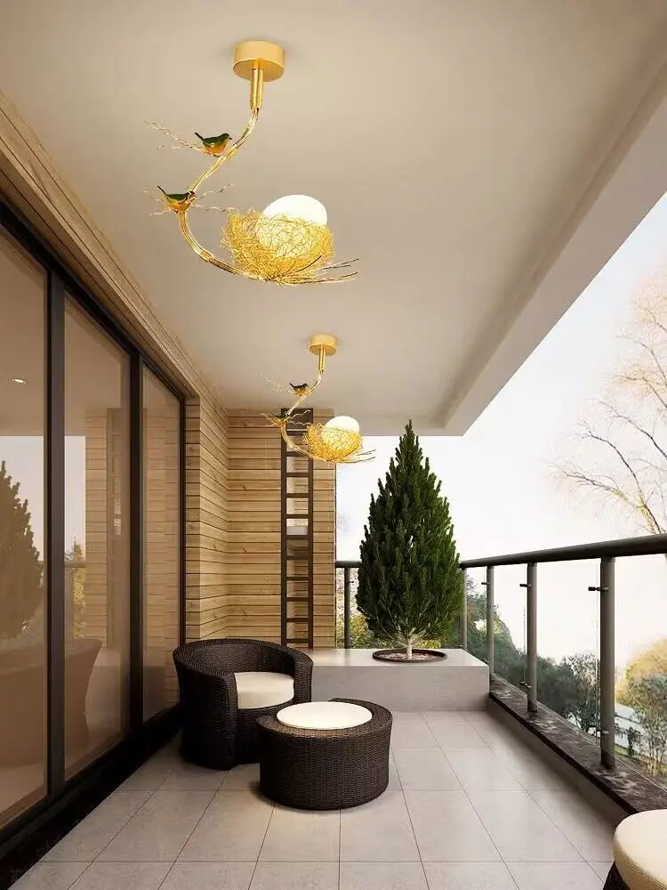 lustre led moderne en forme de nid d'oiseau avec boule de verre - vue 4 sur 14