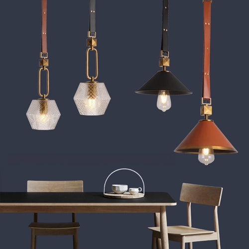 lustre moderne en cuir avec suspension lumière et verre cristal - vue 2 sur 14