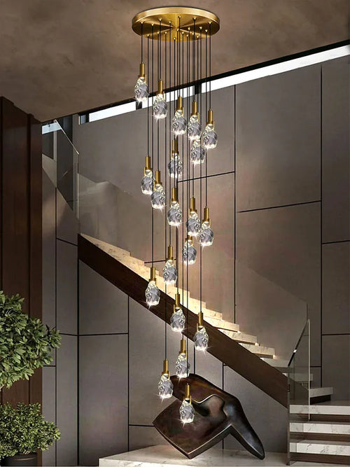 lustre duplex loft escalier en colimaçon moderne créatif villa salon cristal - vue 6 sur 14