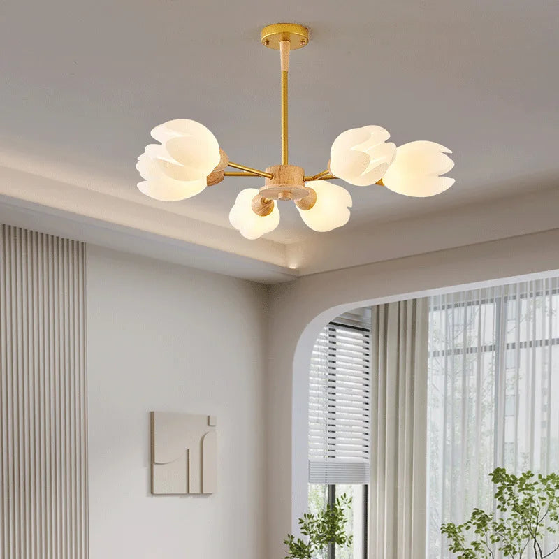 lustre nordique en bois avec lumière en forme de fleur - vue 4 sur 9
