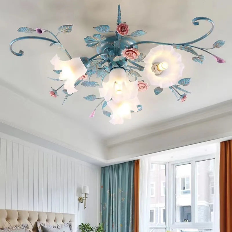 plafonnier led en fer fait main avec fleur de rose style américain coréen - vue 4 sur 10