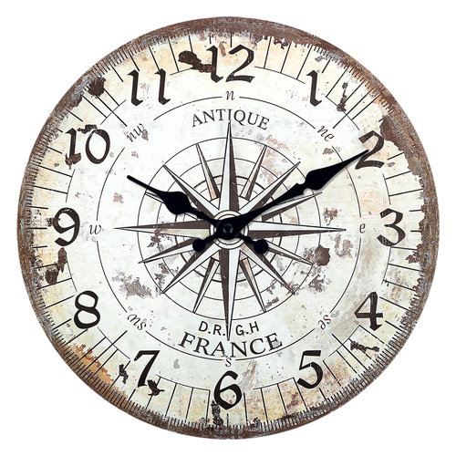 horloge murale en bois motif boussole rétro décoration silencieuse - vue 2 sur 7