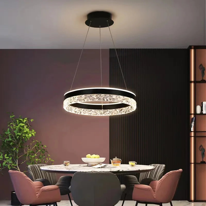plafonnier led suspendu design minimaliste avec anneaux en cristal - vue 5 sur 9