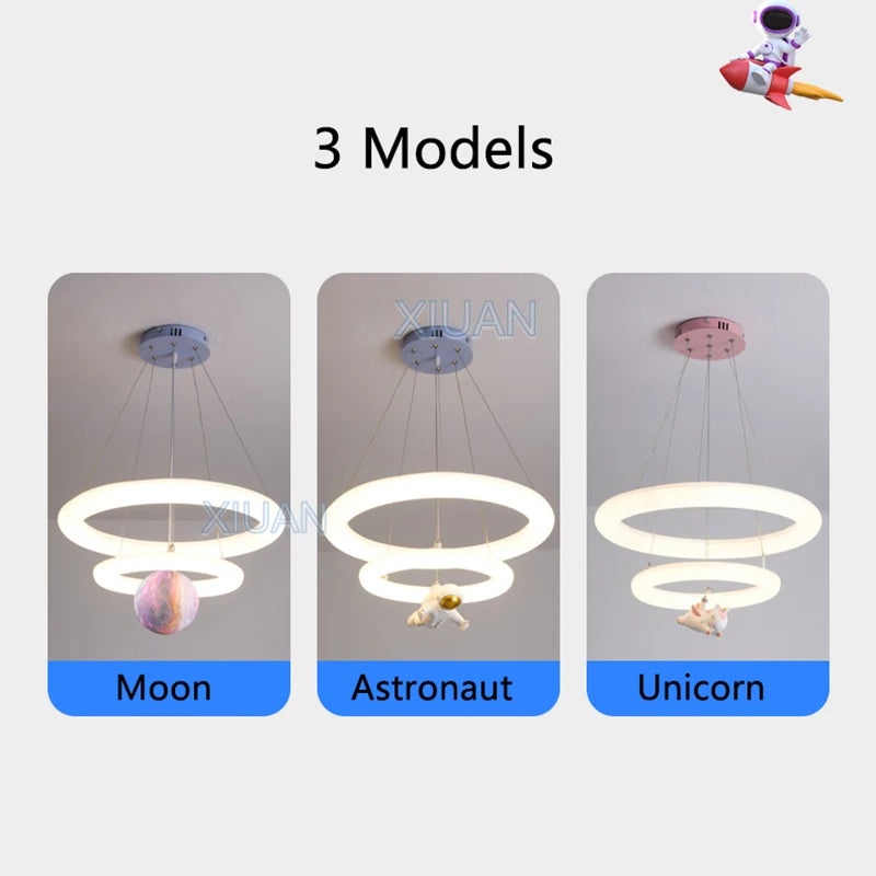 Creative Children's Room Pendant Lamps 360 Degree Lighting Annular Sconces Unicorn Astronaut Bedroom Hanging Light Pink Blue - vue 4 sur 9