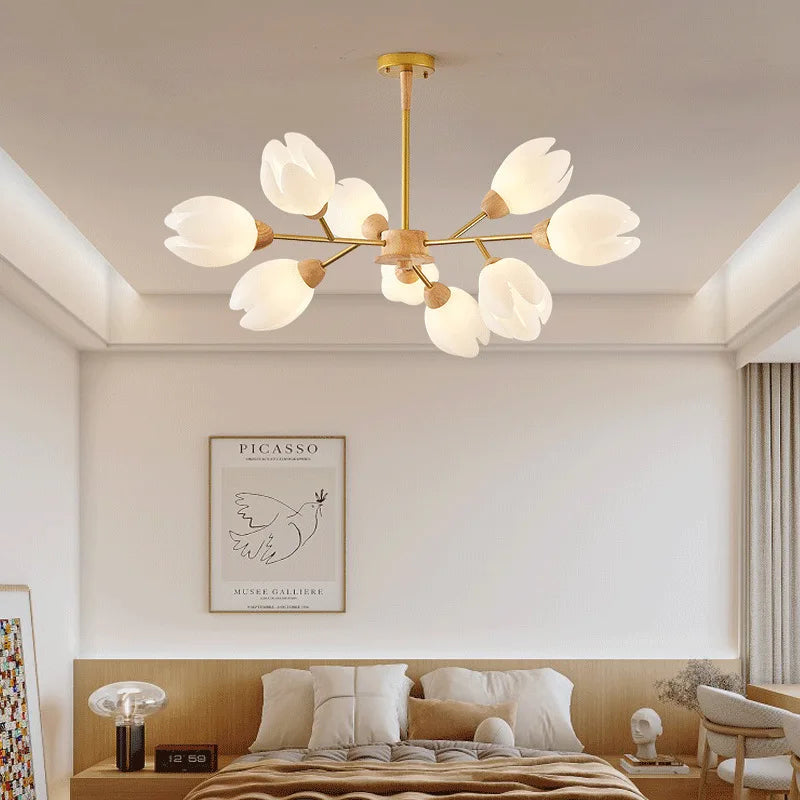 lustre nordique en bois avec lumière en forme de fleur - vue 2 sur 9