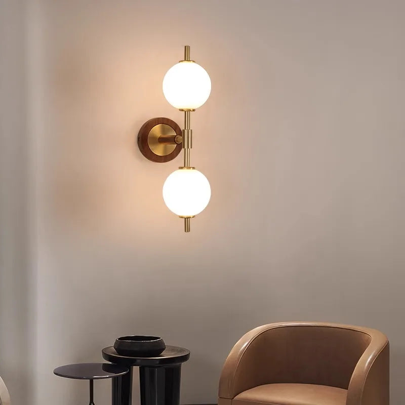 Walnut Wood Glass Sphere Brass, Wabi-sabi Simple Modern Vintage style, Wall Sconce lighting for Bedroom, Bedside, Dining Room - vue 2 sur 8