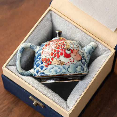 Théière chinoise porcelaine décor sous couverte infuseur - vue 5 sur 7