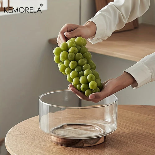 Bol fruits verre base bois design moderne salon - vue 3 sur 9