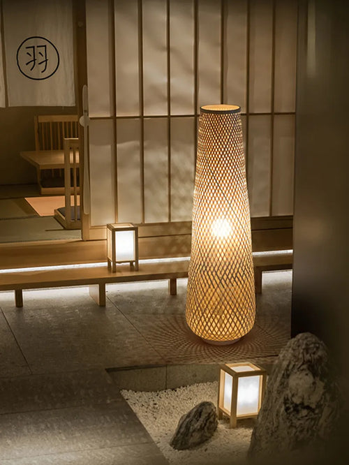Lampadaire design osier bambou tissé style rétro - vue 6 sur 9