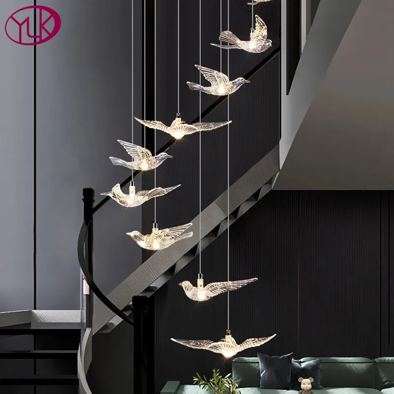 YOULAIKE oiseau design led lustre pour escalier de luxe salon suspendu luminaire couloir longue spirale acrylique lampes - vue 1 sur 20