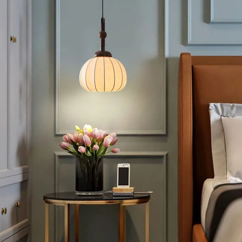 lustre en soie et bois pour éclairage intérieur moderne - vue 5 sur 7