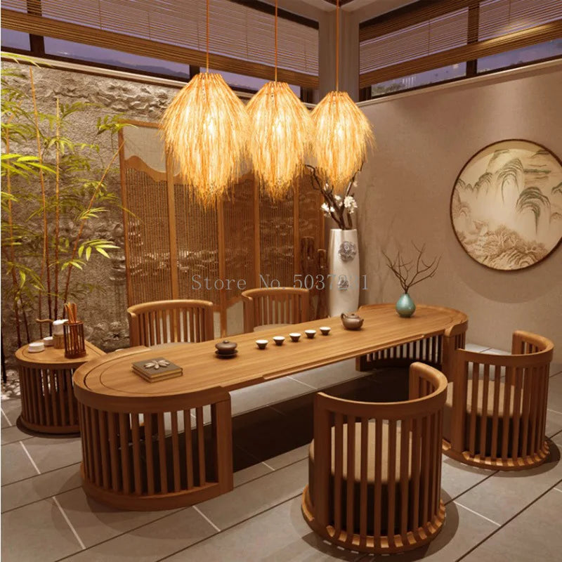 lustre en rotin tissage bambou chapeau de paille lampe pastorale décor salle - vue 3 sur 7
