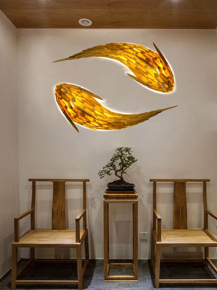 applique murale led bambou design nordique tissée main forme poisson - vue 2 sur 8