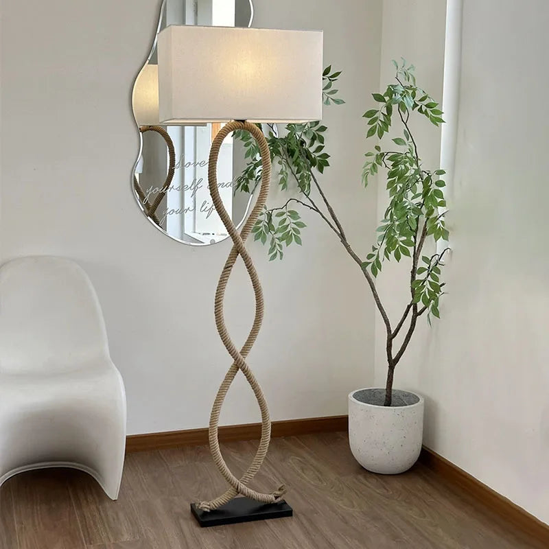 Nordique rétro Wabi Sabi chanvre corde tissu abat-jour lampadaire Led salon décor à la maison chambre canapé coin chevet lampe sur pied - vue 6 sur 8