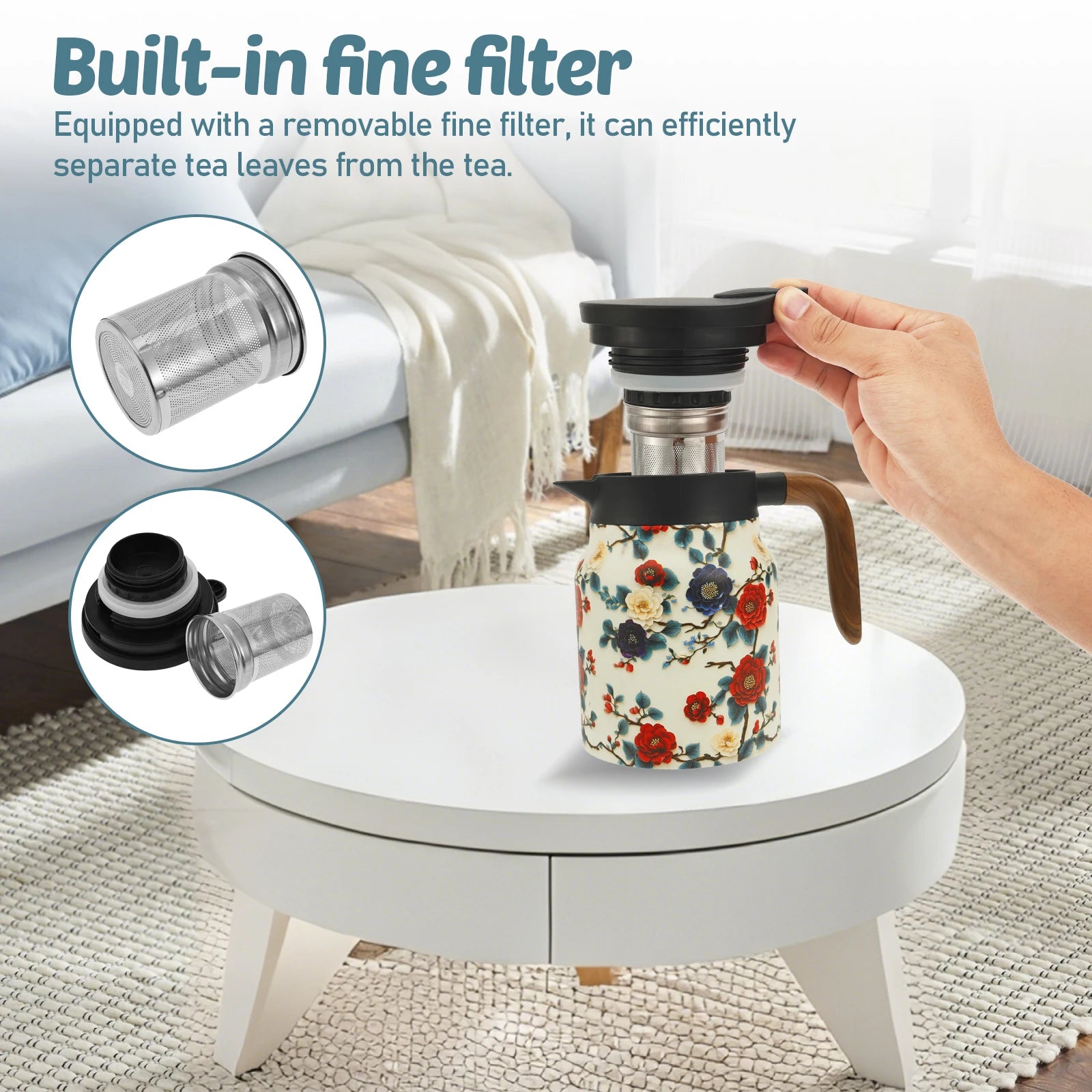 Théière isotherme vintage floral inox avec infuseur thermostat - vue 6 sur 7
