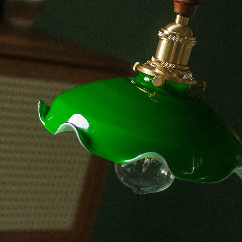 Suspension vintage style américain en cuivre bois et verre - vue 6 sur 30
