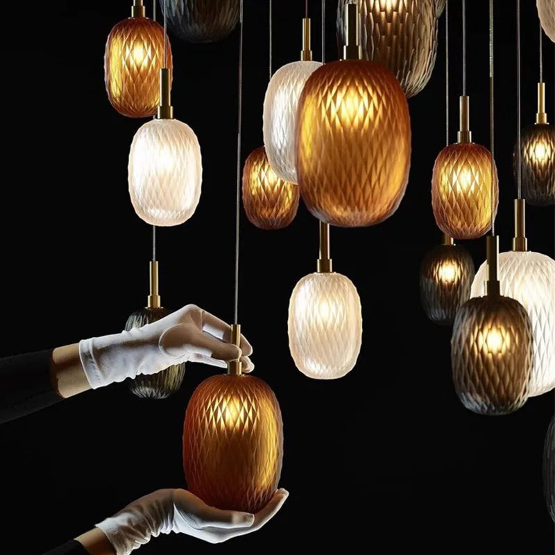 Lampe suspension verre blanc ambre moderne - vue 3 sur 11